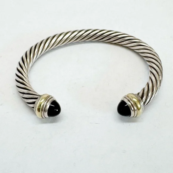 David Yurman 7mm Cable Classic Cuff Bracelet Black Onyx .925 14K - Picture 2 of 11
